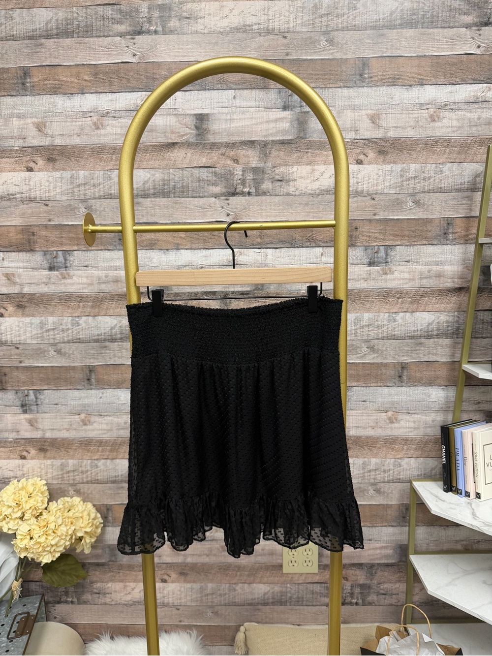 INTERMIX Black Smocked Mini Skirt with Ruffle Hem